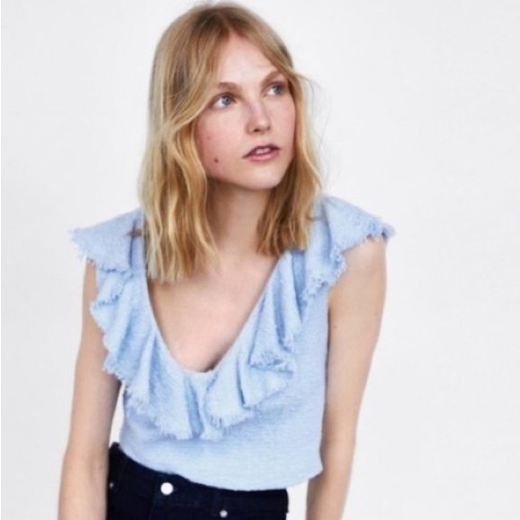 ZARA Tweed Ruffle  Crop Top - Picture 1 of 8